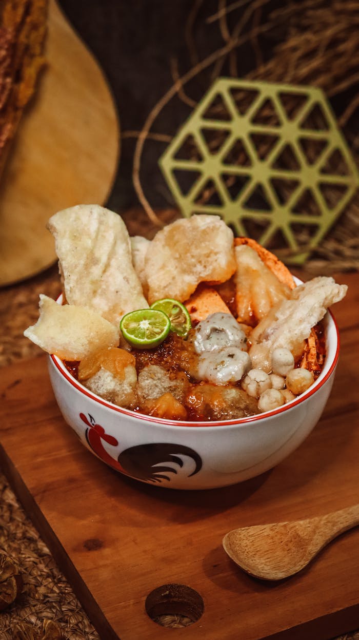 hero-img-01 Mouthwatering bowl of Indonesian Empal Gentong with lime and crackers, perfect for food lovers.